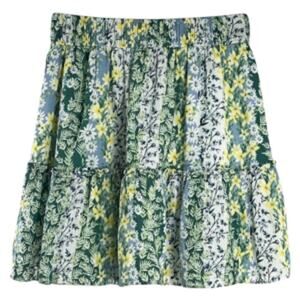 LOFT Blue Green Floral Chiffon Lined Elastic Waist Swing Skirt Size XS